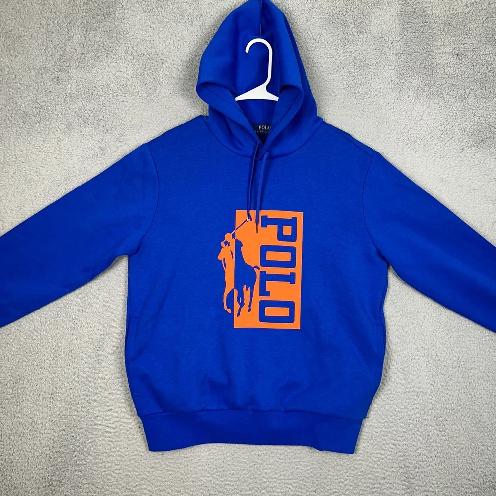 Polo Ralph Lauren Hoodie Men Medium Blue Orange Graphic Logo Pullover Sweatshirt